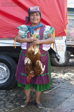 Woman selling a rooster at the San Cristóbal de las Casas market, Chiapas Mexico